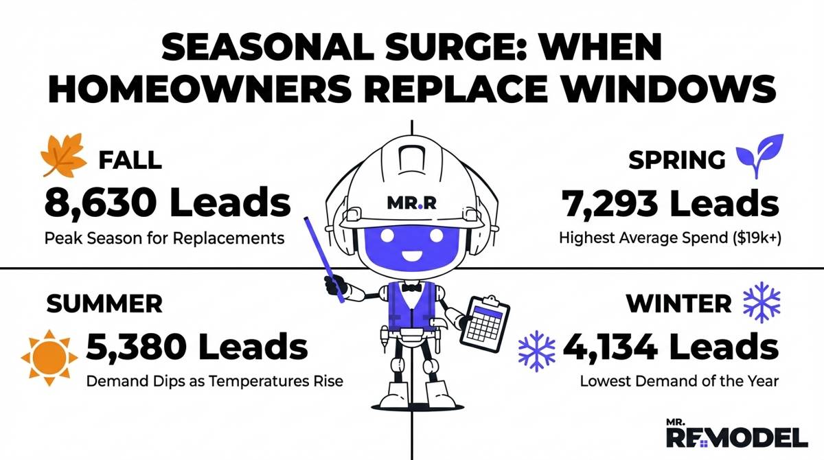 Infographic about window replacement seasonal surge. 